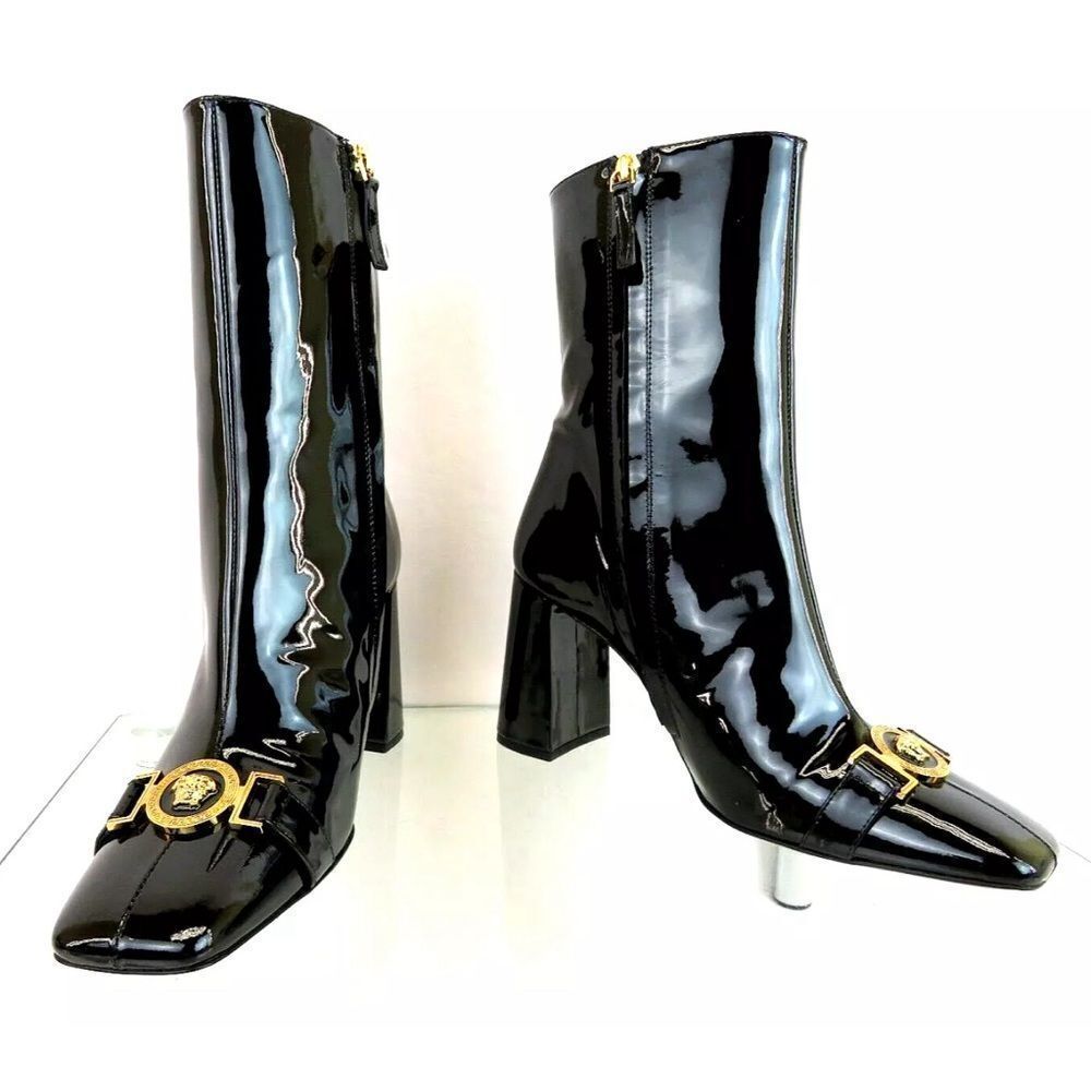 VERSACE BLACK PATENT LEATHER GOLD MEDUSA MEDALLION ZIP HEEL ANKLE BOOTS 36